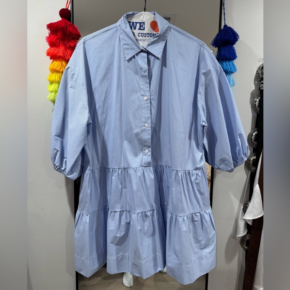 button front blue and white pinstripe, baby doll dress